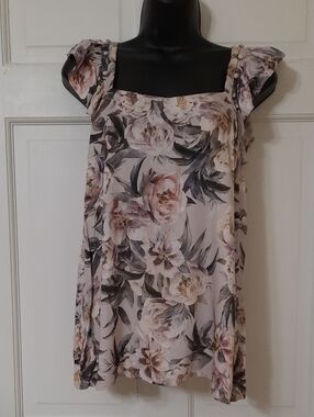 ANTONIO MELANI Square-Neck Flutter Sleeve Floral Tunic - Blush, Gray
